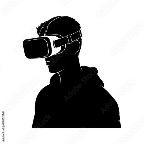 Silhouette of a person wearing a virtual reality headset and a hoodie against a white background