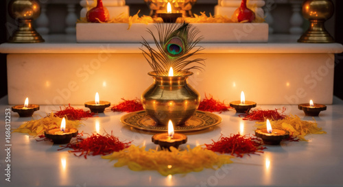 Traditional Indian Diwali celebration with lit diyas and decorations on a white floor