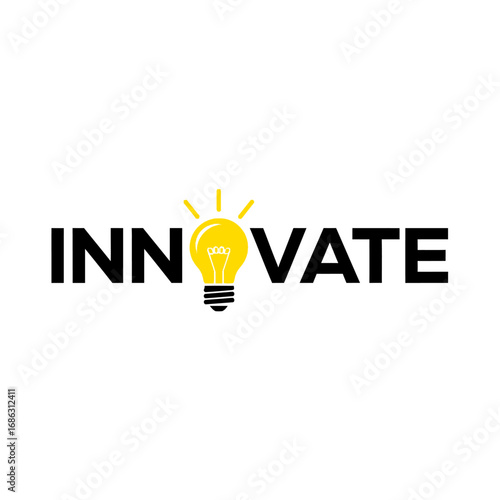 Innovate text with light bulb illustration replacing the letter o on a white background design concept