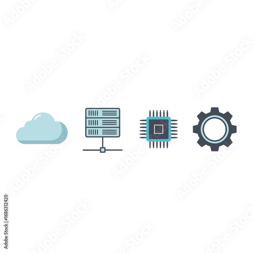 Illustration of cloud server cpu and gear icon representing technology and data processing concepts