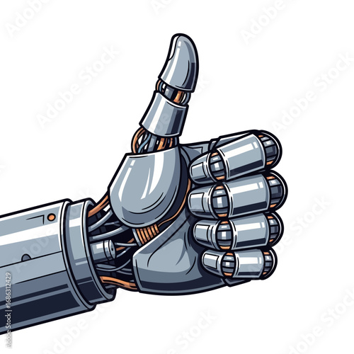 A robotic hand giving a thumbs up with visible wires and metallic components on a white background
