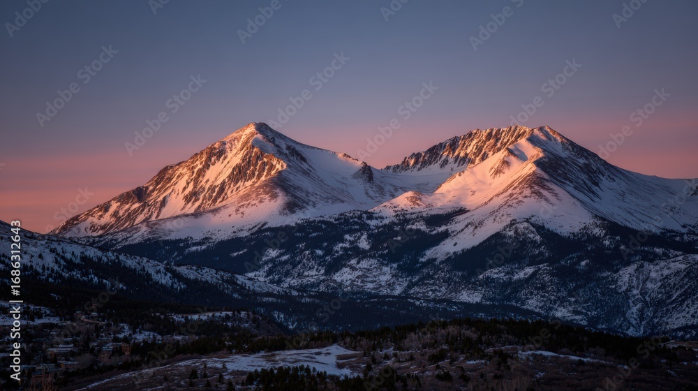 Fototapeta premium Majestic snow-capped mountain range at dawn with vibrant pink and purple sky and rugged peaks overlooking a scenic wilderness area