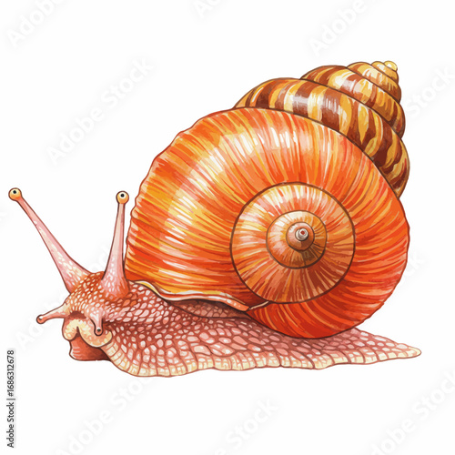 Detailed zoological illustration of a terrestrial land snail, a gastropod with a vibrant orange spiral shell, isolated on white background