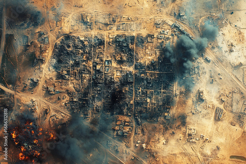 Military actions observed through satellite technology over a devastated area