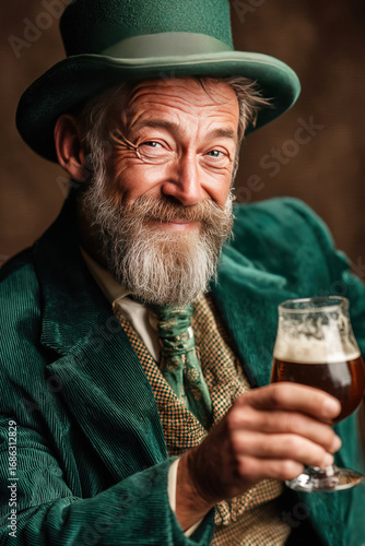 Cheerful man in green suit and bowler hat enjoys a glass of beer for St Patrick's Day celebration