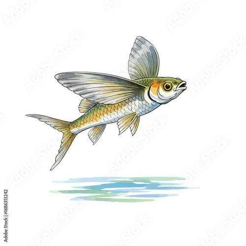 A detailed and dynamic watercolor vector illustration of a flying fish leaping from the ocean with its large pectoral fins spread like wings