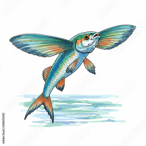 A vibrant watercolor vector illustration of a tropical flying fish soaring gracefully above the ocean waves with its colorful wings spread wide