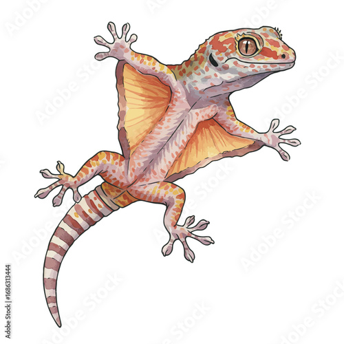 A detailed digital watercolor illustration of a flying parachute gecko, showcasing its vibrant orange skin flaps and gliding posture