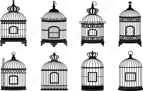 Ornate birdcage silhouette vector set with decorative tops, scrollwork bases, and vintage cage designs for classic home and art themes