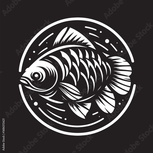 Illustration of a fish in a circle on a dark background.