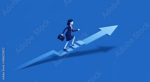 A business professional ascends a graphic growth chart, illustrating success and advancement.