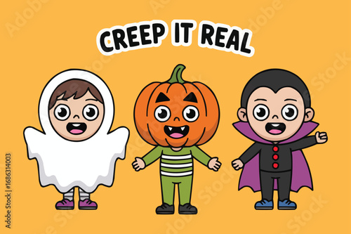 Cute Halloween Kids in Ghost Pumpkin and Vampire Costumes Cartoon Illustration
