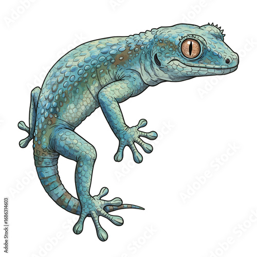 Detailed vector illustration of a vibrant blue gecko reptile. Hand-drawn exotic lizard with spotted skin, isolated on a solid white background
