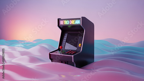 Retro arcade machine in a dreamlike landscape with pastel colors and waves