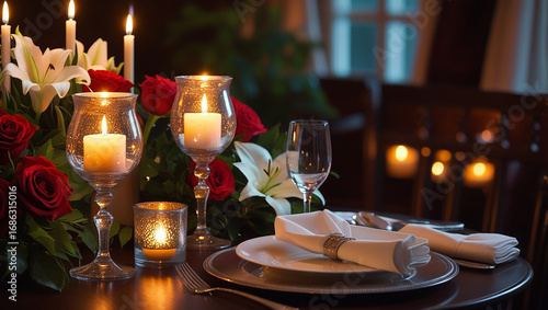 Romantic dinner setup with glowing