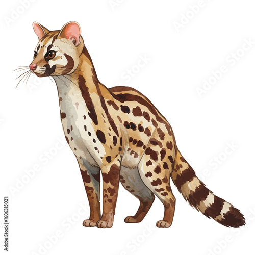 A detailed watercolor vector illustration of a genet, a slender cat-like mammal with a spotted coat, standing and isolated on a white background