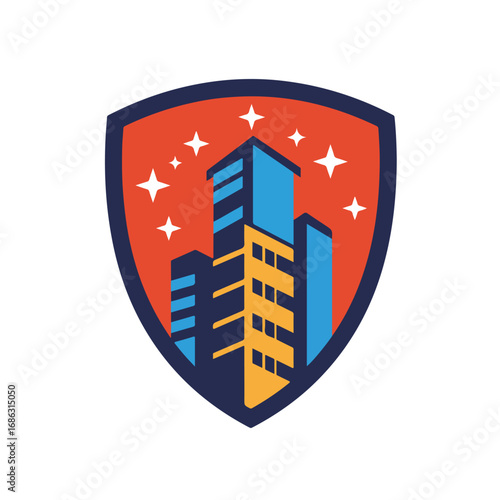 Shieldshaped logo with orange background blue and yellow stylized buildings and white stars