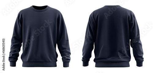 Dark navy blue crewneck sweatshirt mockup, front and back views
