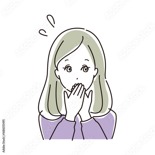 口を押さえて焦っている女性の上半身