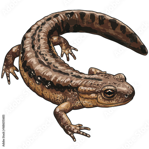 Detailed vector art of a giant Japanese salamander, an aquatic amphibian creature illustrated in a realistic watercolor style on a white background