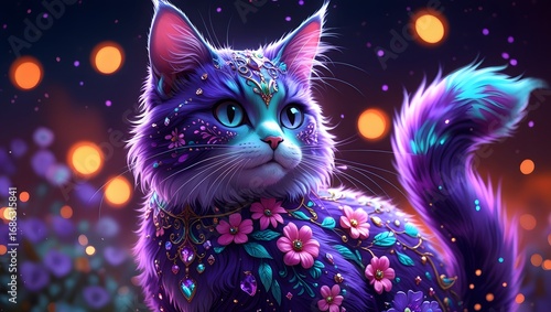 Fantastical Cat with Glowing Mushrooms for a Fairytale or Fantasy Theme
