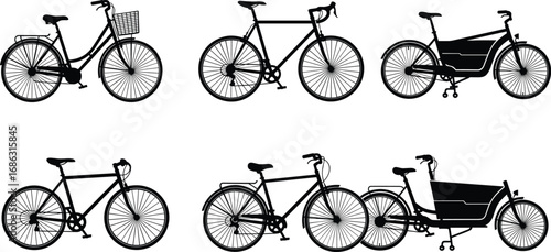 Silhouette bicycles of various types including city, road, and cargo bikes, detailed black and white vector illustration for transport and lifestyle projects