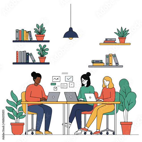 Three people sit at a table using laptops Bookshelves plants and a hanging lamp are present