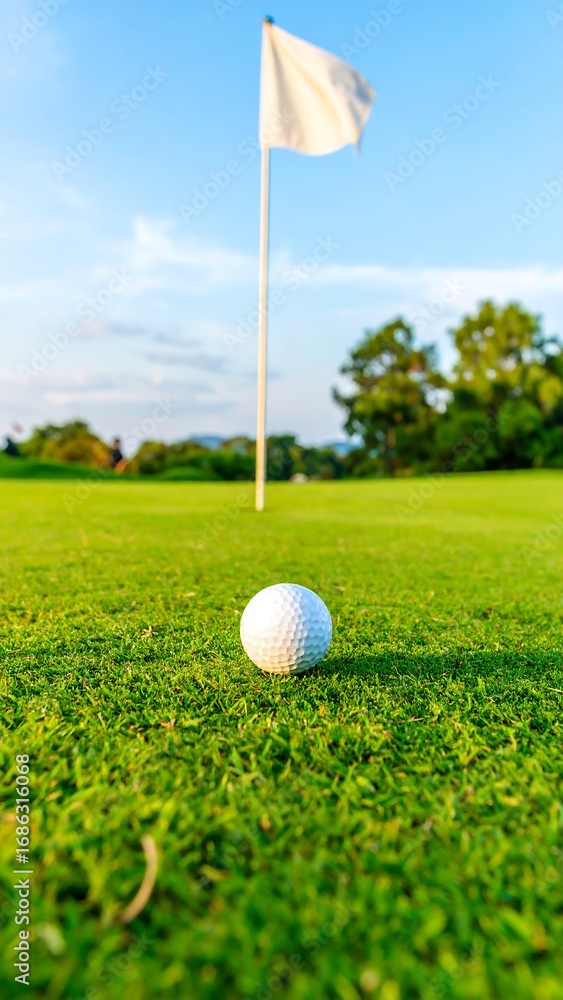 Obraz premium Golf ball on green, flag in background