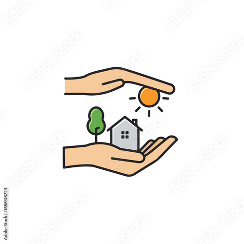 Two hands cradle a house tree and sun