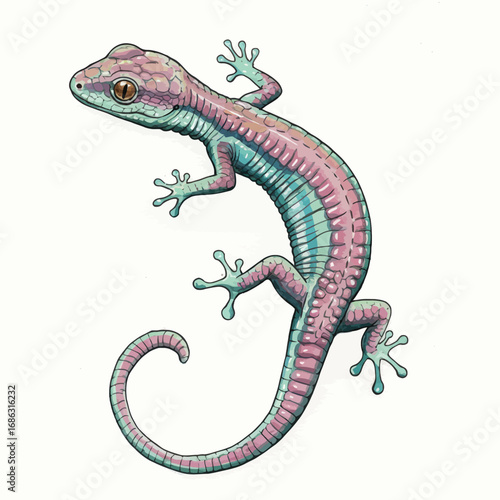 Detailed artistic drawing of a vibrant fantasy gecko. Stylized reptile with pink and turquoise skin in a beautiful watercolor vector style