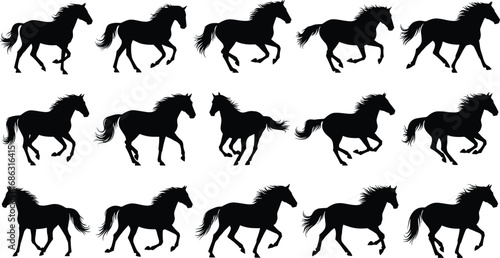 Silhouette galloping horses in dynamic running poses, detailed vector illustration showing equine motion sequence for animation, wildlife, sports, and artistic design