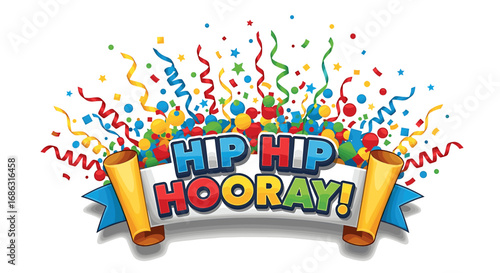 Colorful graphic design with "Hip Hip Hooray!" text, ribbons, and confetti.