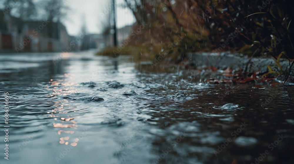 Fototapeta premium Puddle on the Roadside with Floating Leaves in the Rain / 雨の中、葉が浮かぶ道端の水たまり
