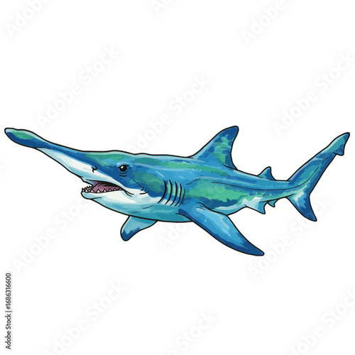 A vivid vector illustration of a goblin shark captured in a dynamic gliding motion, showcasing a vibrant blue and green watercolor art style