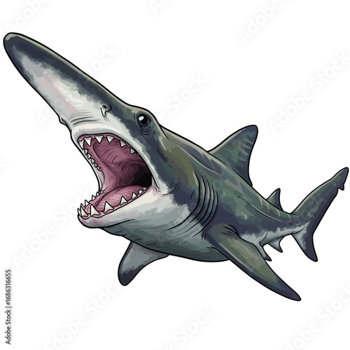 Detailed watercolor vector illustration of a fearsome goblin shark, mouth agape showing sharp teeth, in a dynamic swimming pose. Aquatic deep-sea predator