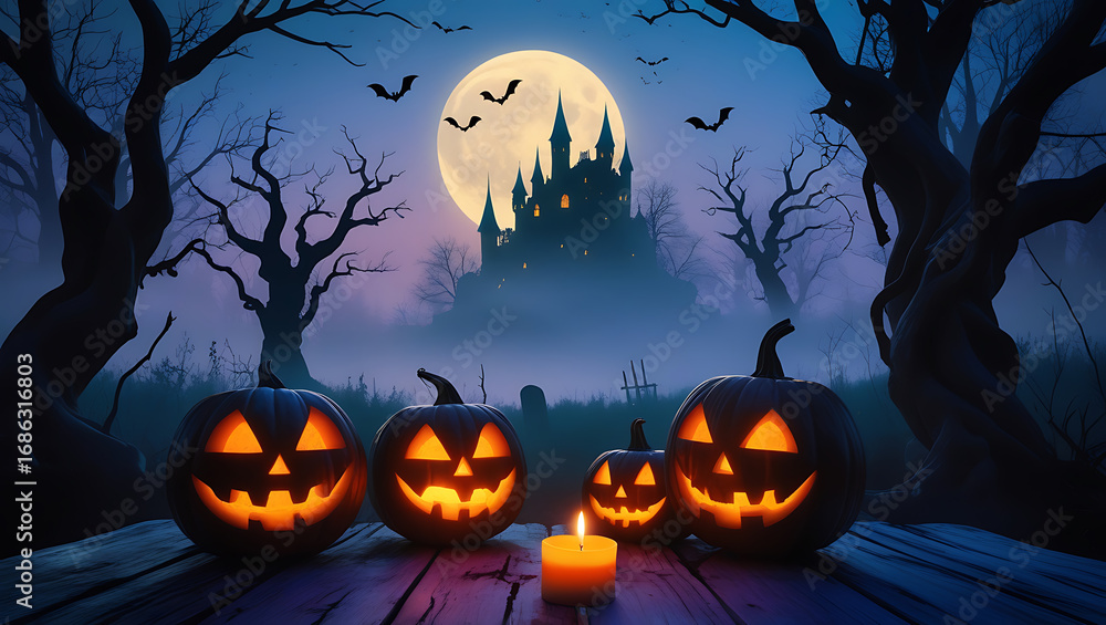 Fototapeta premium Spooky halloween night with jack o lanterns and a castle under a full moon