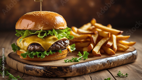 A juicy burger with a toasted bun melted