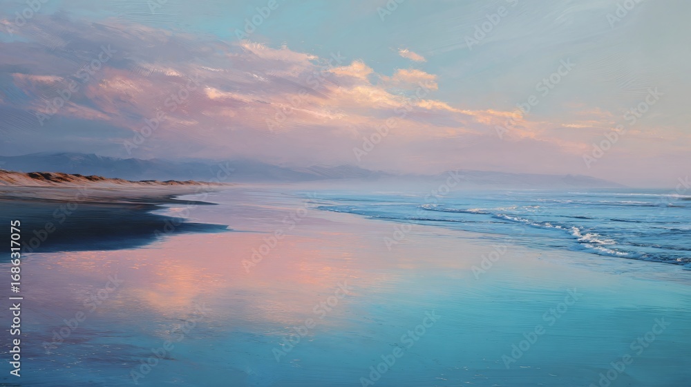Obraz premium A serene coastal beach landscape with soft pink clouds and reflected light on water.