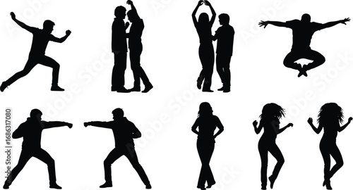 Silhouette people in dynamic poses vector illustration, dancing, boxing, jumping, running, human movement collection, active lifestyle, sports and performance art