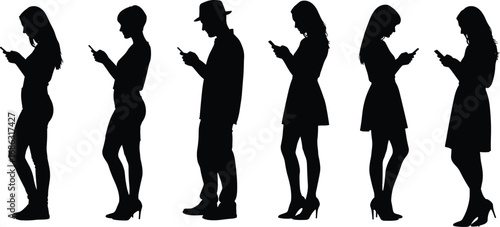 Silhouette people using smartphones vector illustration, mobile device addiction concept, modern technology lifestyle, digital communication, social media, gadget dependence, urban life scene