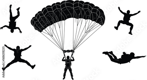 Silhouette skydivers in freefall and parachute descent, detailed black and white vector illustration for extreme sports, adventure, travel, and recreational design projects