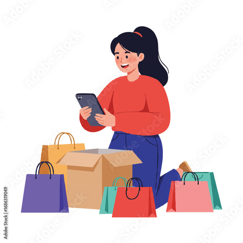 Joyful person unboxing a new electronic gadget in a vibrant 2D flat vector illustration, surrounded by numerous colorful shopping bags on a clean white background.