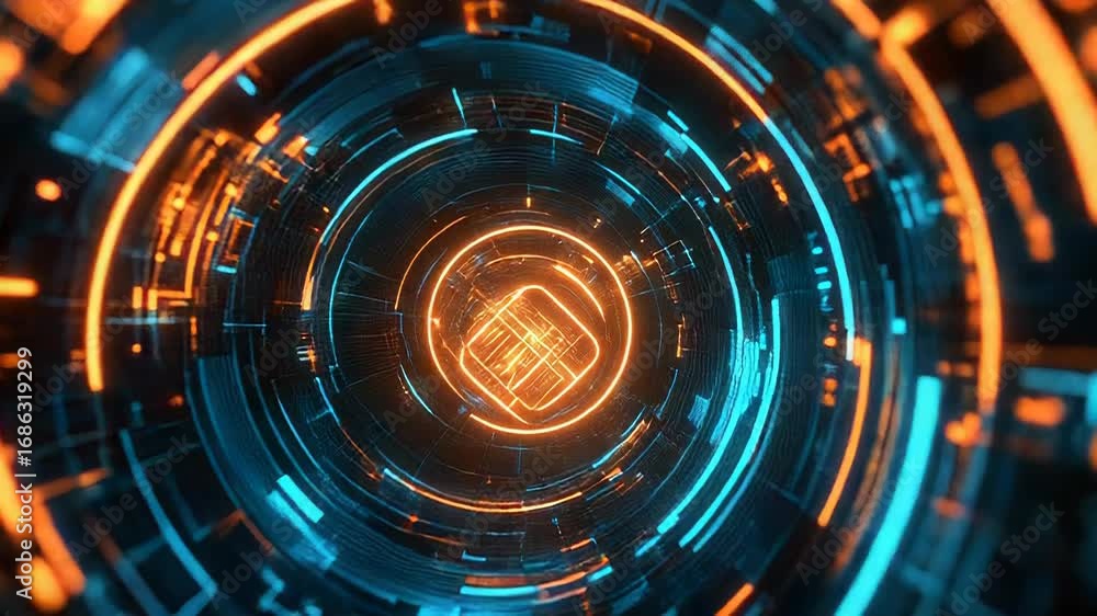 Futuristic technological tunnel rotating with glowing orange and blue lights