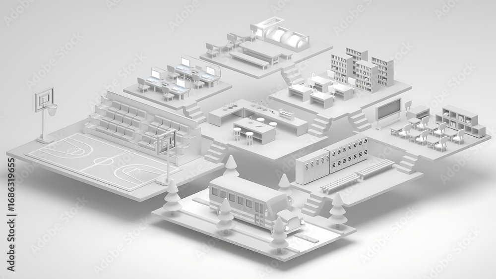Obraz Conceptual 3D rendered architectural of a complete school complex, featuring classrooms, sports areas, and a library in a minimalist isometric design