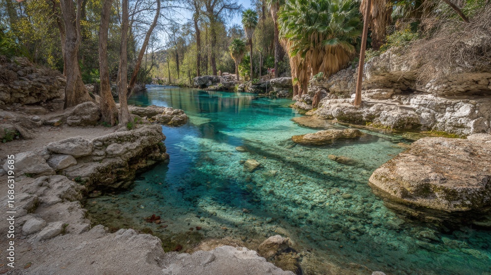 Naklejka premium Tranquil natural river with crystal clear blue water flowing through lush forested landscape with rocks and trees in the background