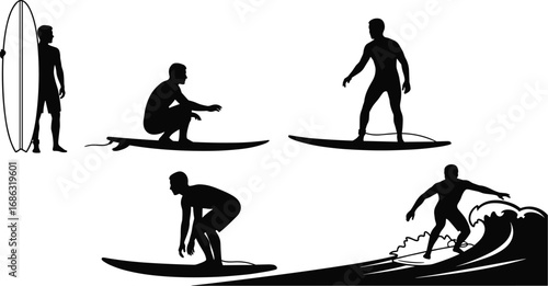 Surfer silhouette vector set showing surfing stages and poses, water sport activity, beach lifestyle, wave riding, ocean adventure illustration