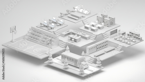 Conceptual 3D rendered architectural of a complete school complex, featuring classrooms, sports areas, and a library in a minimalist isometric design