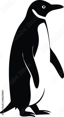 Black and white silhouette of a penguin standing on a white background
