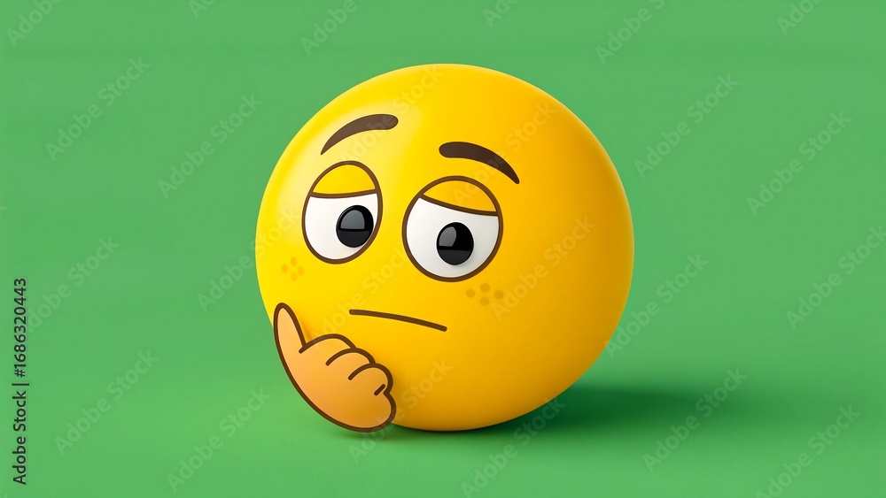 Fototapeta premium Thinking face emoji with hand on chin on green background