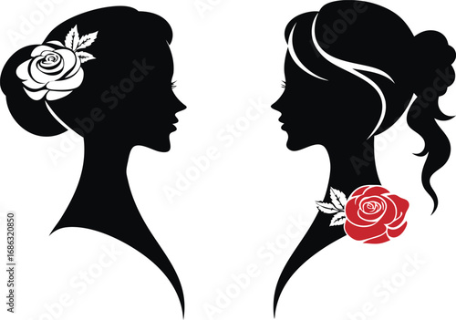 Two elegant female silhouettes with roses in profile view